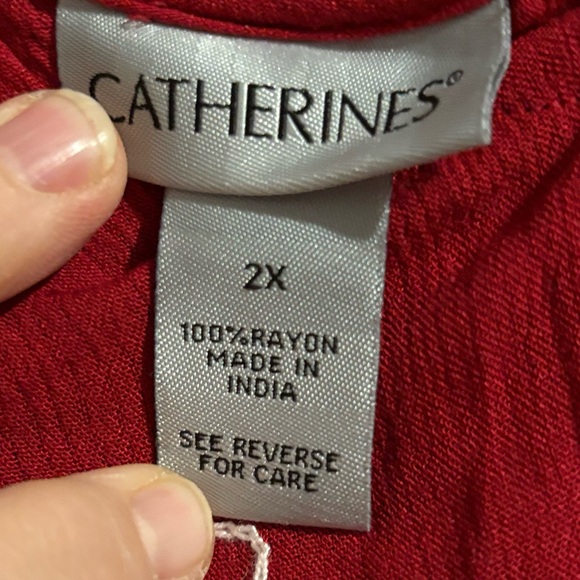 Catherines Red with White Floral Embroidery V-Neck Blouse - Picture 4 of 10